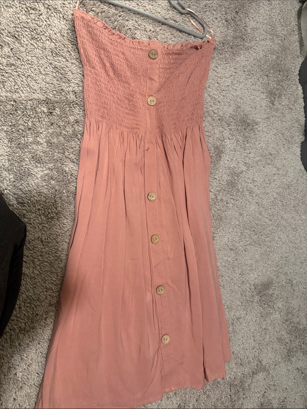 Strapless Smocked Pink Midi Dress with Button Front